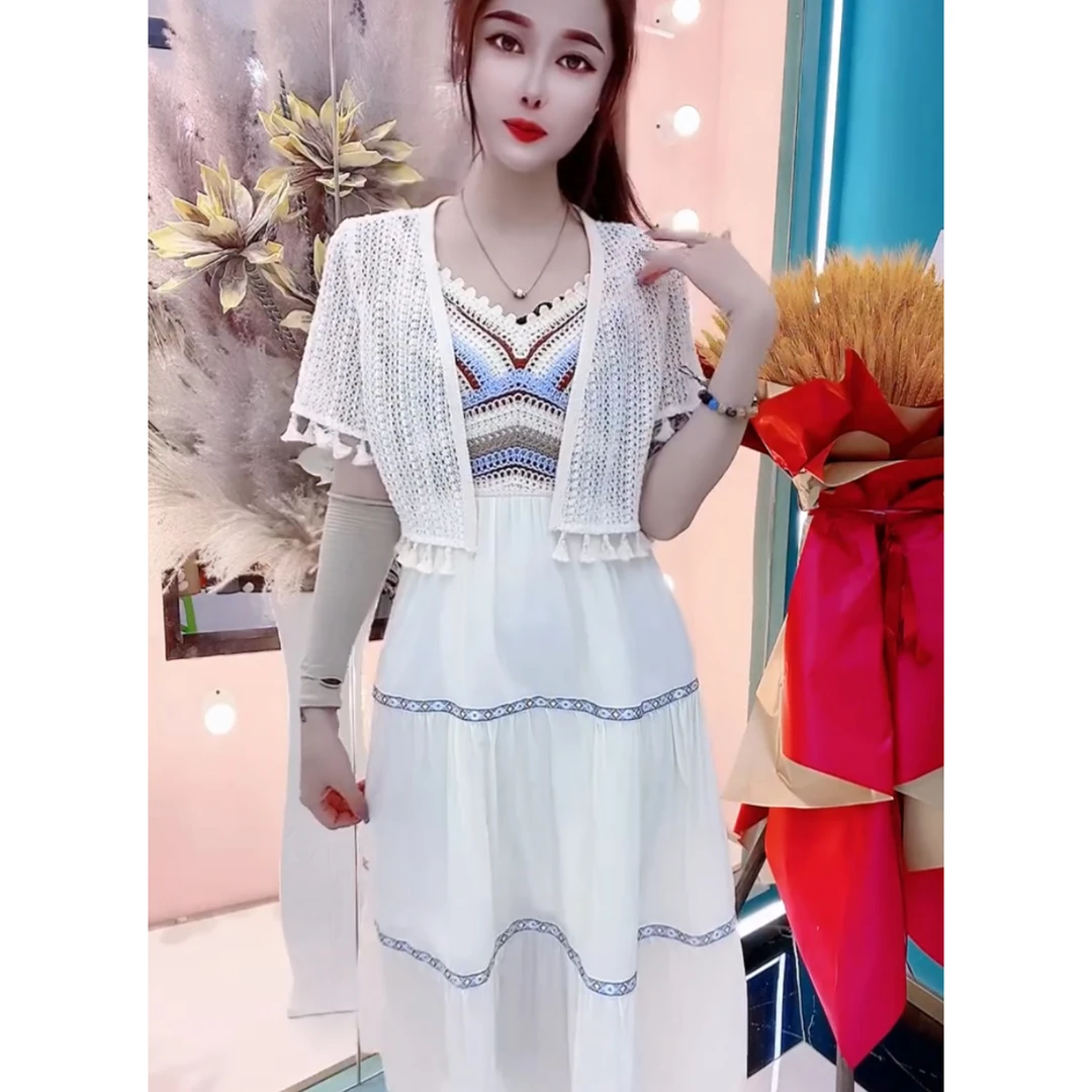 民族风海边度假连衣裙套装超仙甜美气质温柔风宽吊带裙开衫两件套
