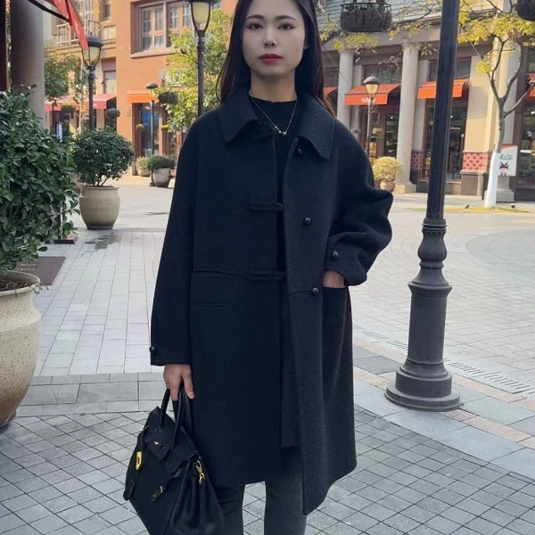 小个子中长款100%羊毛娃娃领大衣秋冬新款慵懒风韩版显瘦超值