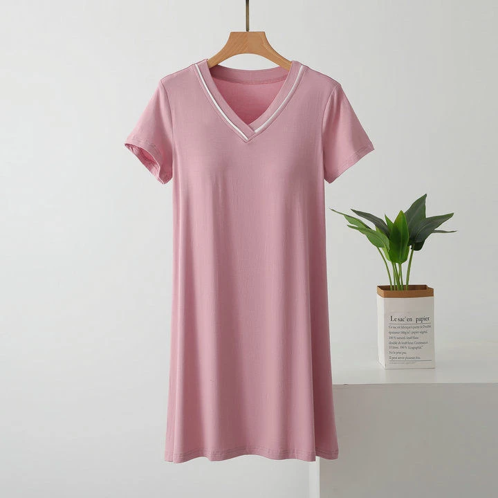 睡衣女夏睡裙莫代尔简约宽松大码纯色休闲透气带胸垫舒适棉绸薄款