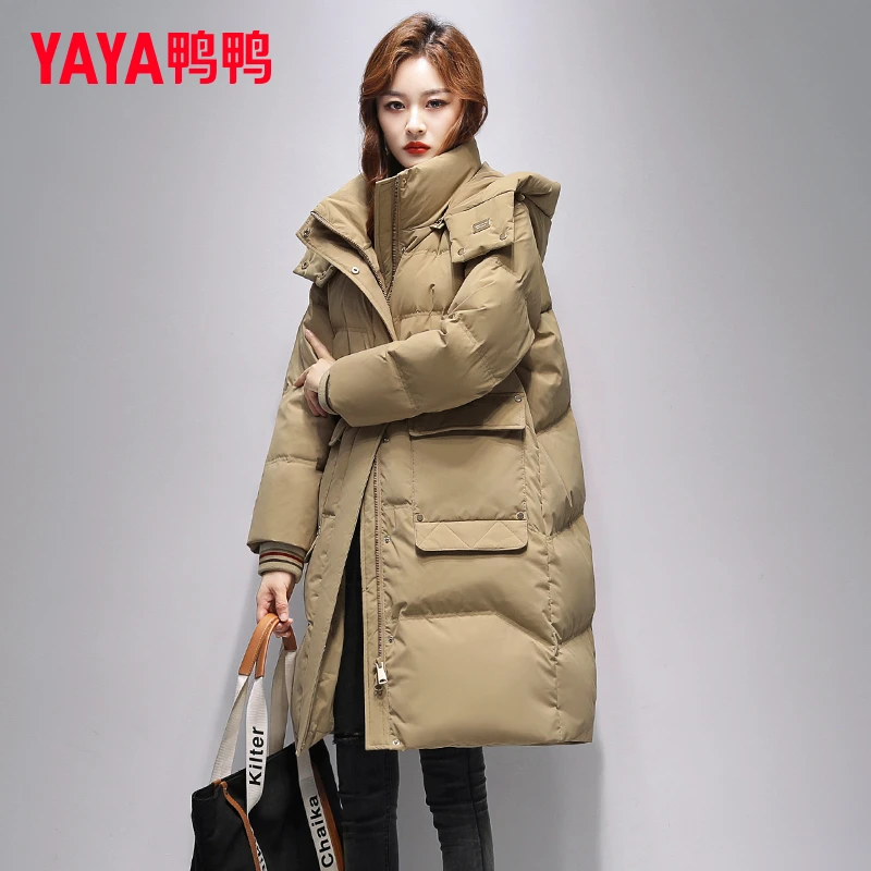 YAYA/鸭鸭羽绒服女2025新品中长款连帽时尚百搭保暖加厚鸭绒外套