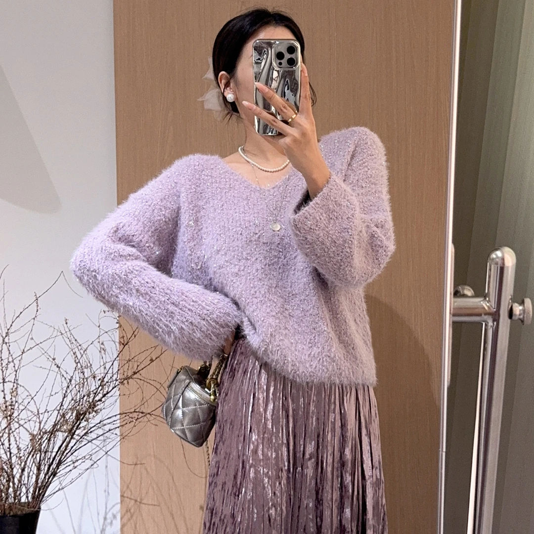 大禾【颗粒亮丝】编织气质毛衣女保暖秋冬季V领时尚宽松打底针织衫