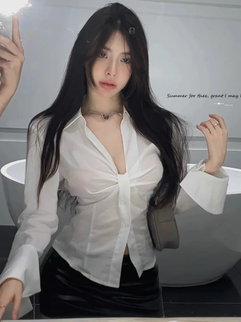 【葡萄家】大码性感V领长袖扭结法式别致纯欲辣妹衬衫上衣收腰衬衣