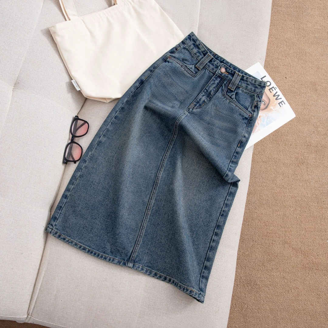 高腰开叉牛仔半身裙女2025年新款春夏小个子A字半裙复古包臀长裙