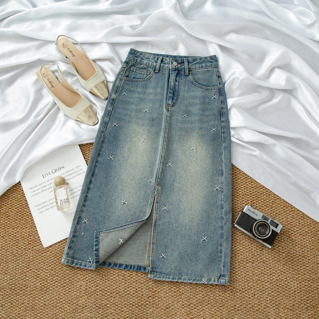 晓薇前开叉中长款包臀牛仔裙2024年春季新款显瘦半身裙休闲半身裙