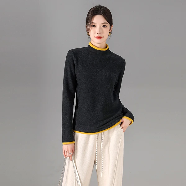 冬季新款时尚百搭加绒加厚拼色袖半高领长袖打底衫上衣ZQY24-153