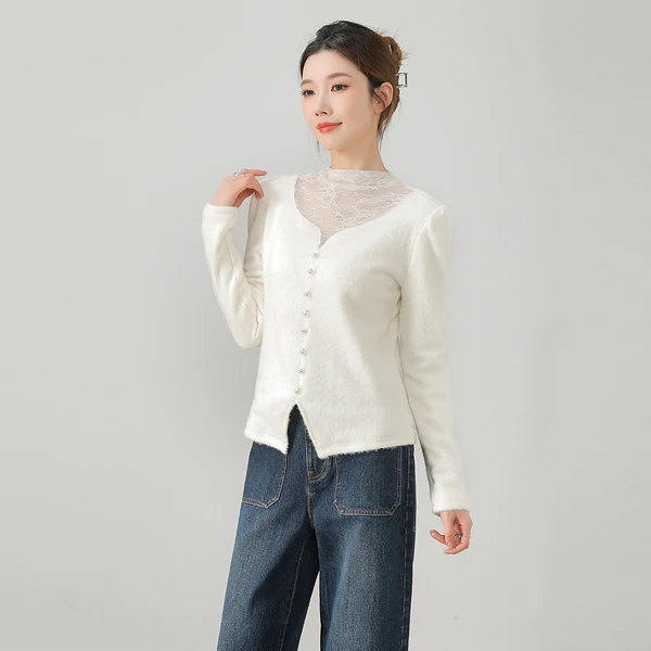 燕苹新冬款气质修身加绒保暖半高领蕾丝针织长袖打底衫ZQY24-148