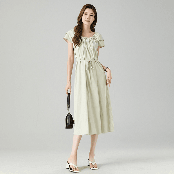 YANPING/燕苹收腰气质文艺清新飞飞袖系带设计感宽松连衣裙ZM2441
