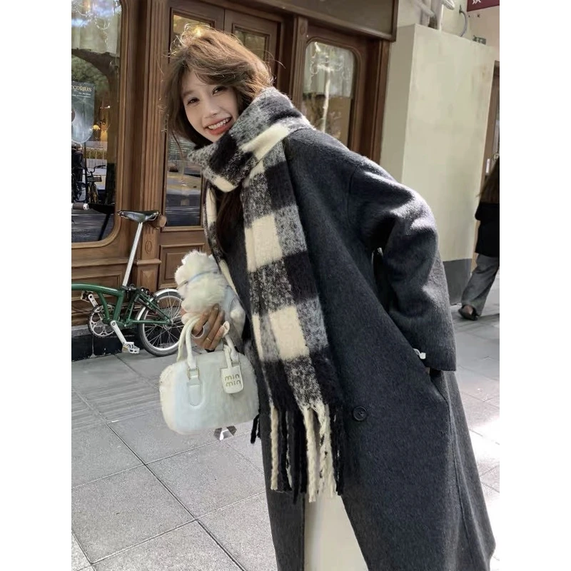 秋季正肩双面呢大衣韩版潮流气质网红双排扣中长款外套89