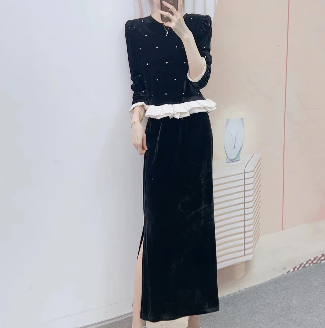 913丝绒木耳边上衣+半身裙两件套裙 86Q913/GJ