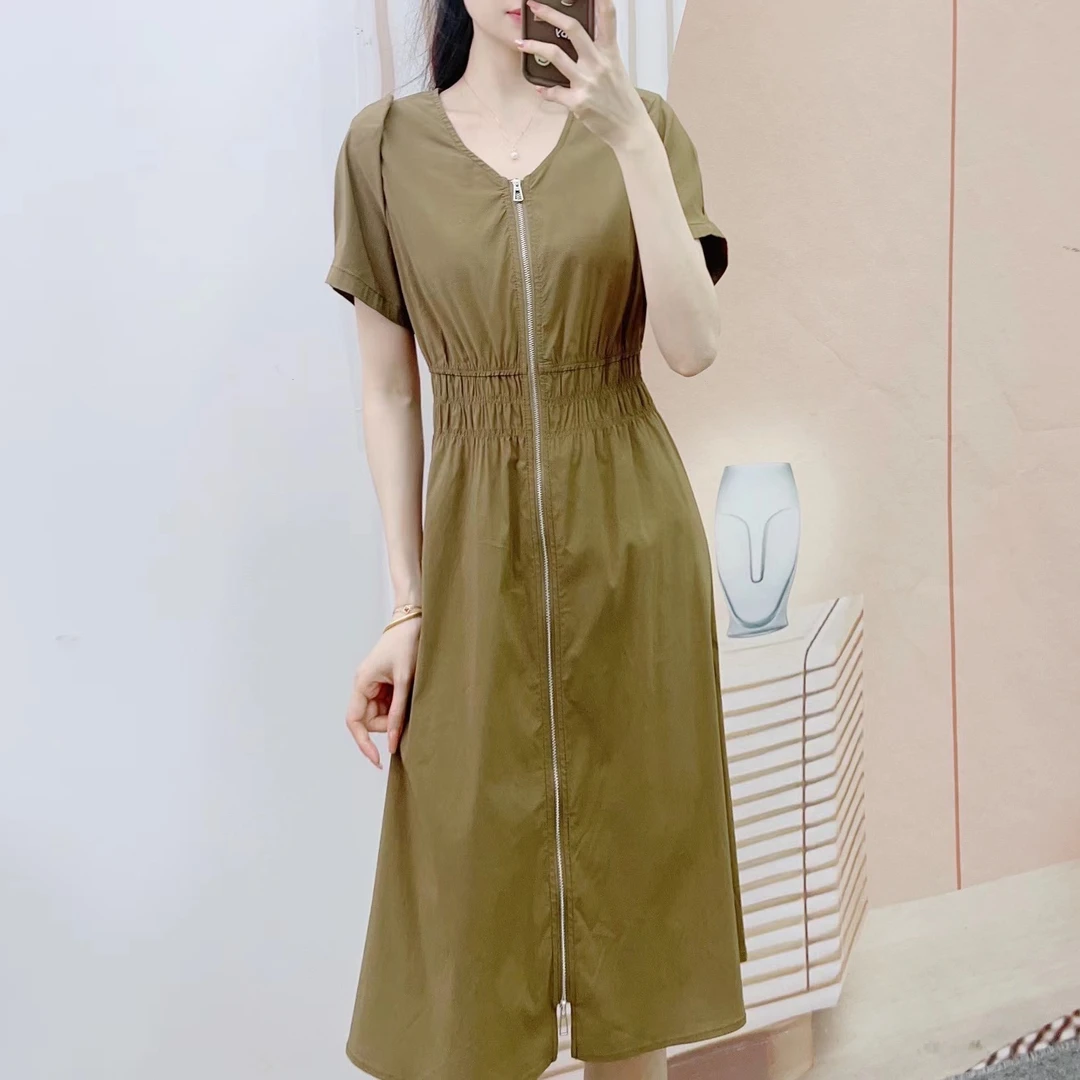 838品牌专柜撤柜汉派时尚气质收腰V领前拉链连衣裙1838清C2