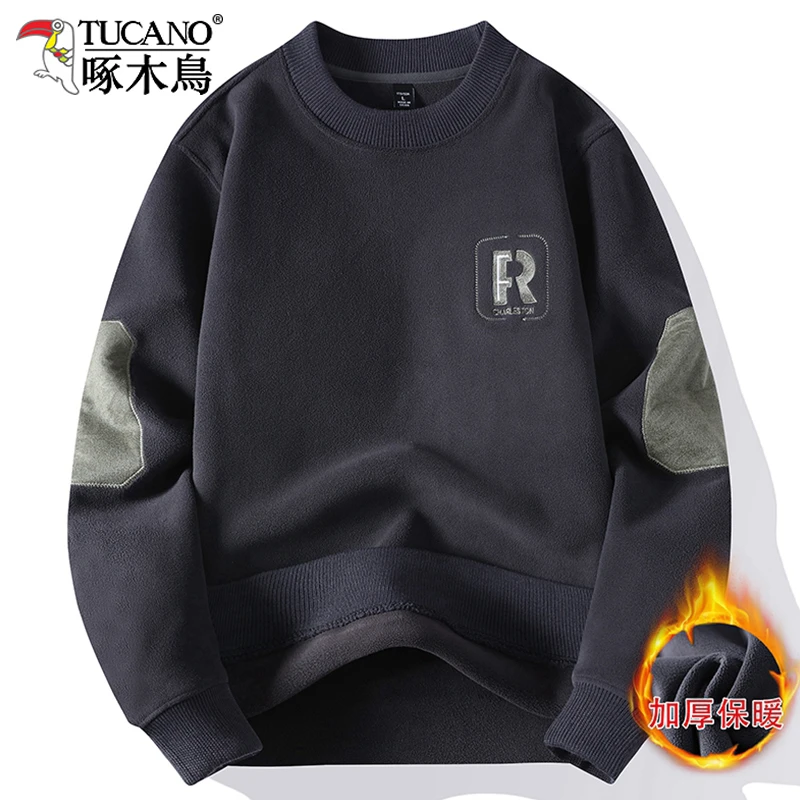 啄木鸟奥粒绒卫衣男士圆领2025秋冬季新款加厚保暖上衣休闲打底衫