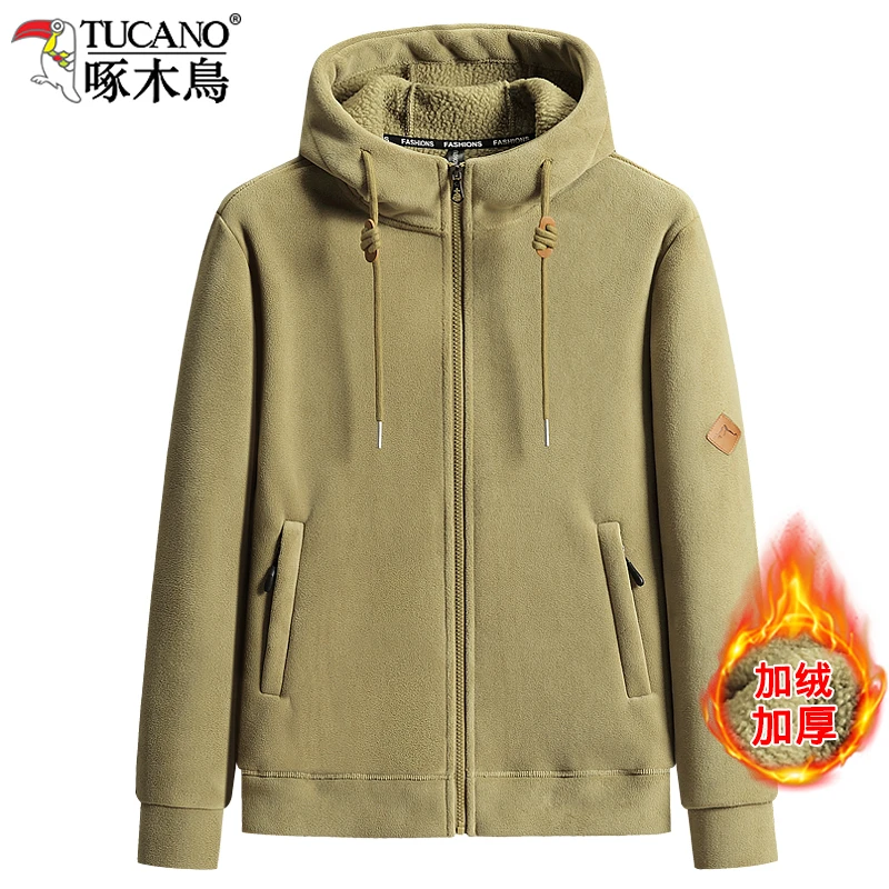 啄木鸟羊羔绒抓绒外套男女同款加绒加厚纯色开衫休闲高领连帽上衣
