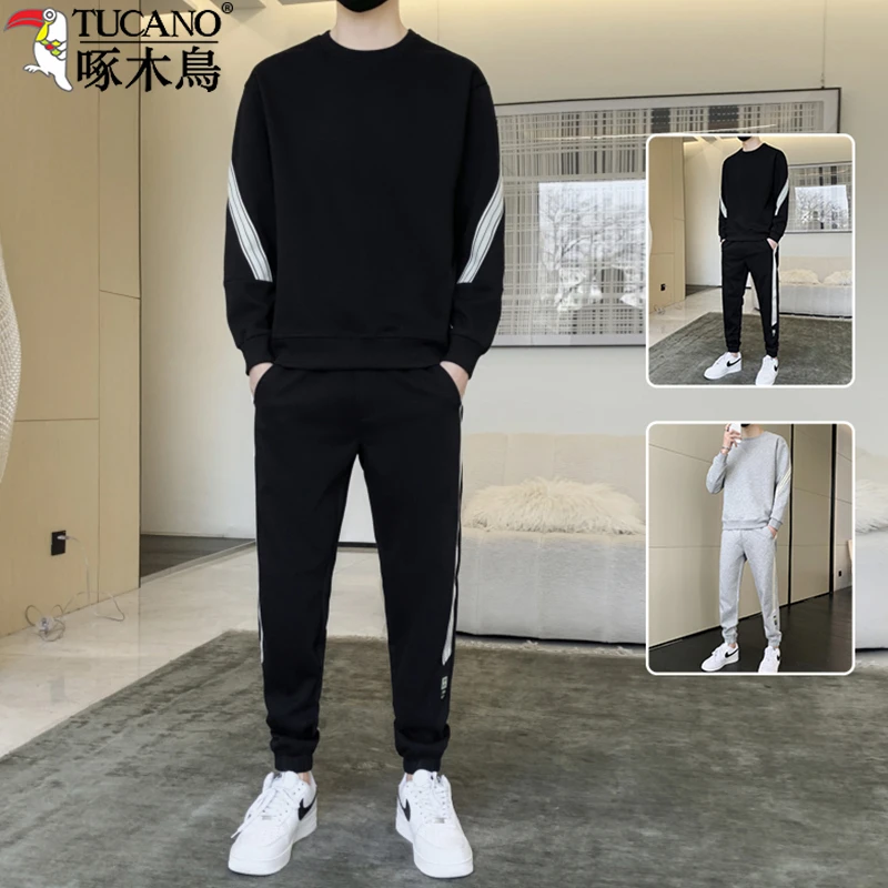 啄木鸟品牌专柜男士休闲秋季卫衣套装圆领潮流修身一套装时尚帅气