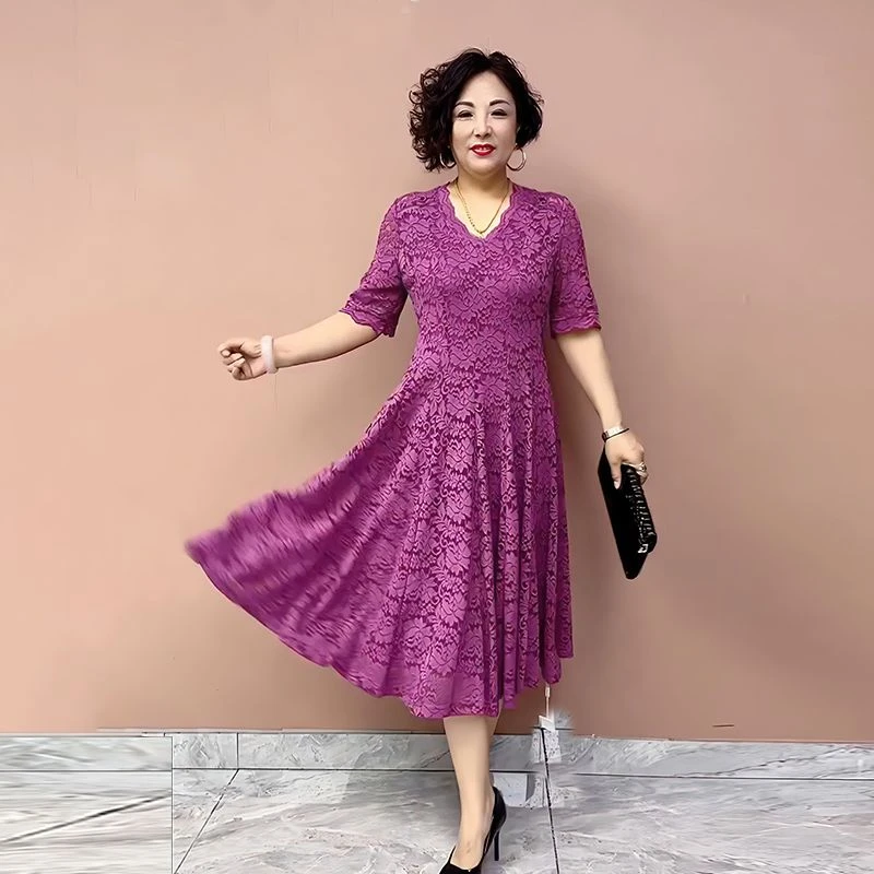 气质妈妈连衣裙夏新款中袖40岁高弹V领显瘦高腰十片不断腰大摆裙