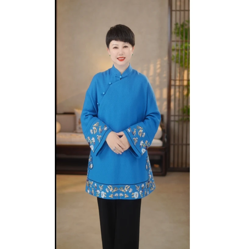百分百羊毛重工刺绣立领太太服新中式上衣A3179