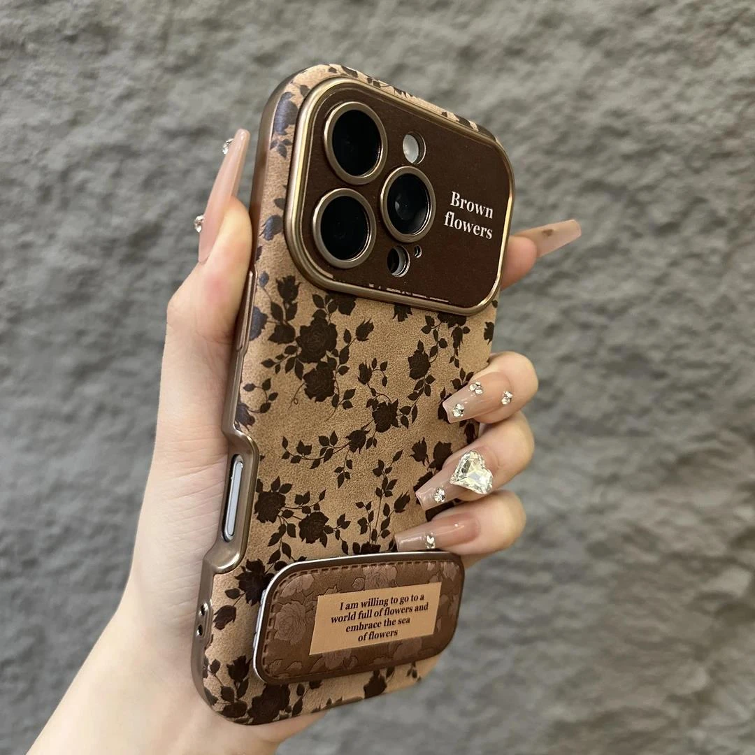 沙漠金花藤玫瑰适用苹果16手机壳15promax复古14pro支架13皮纹女