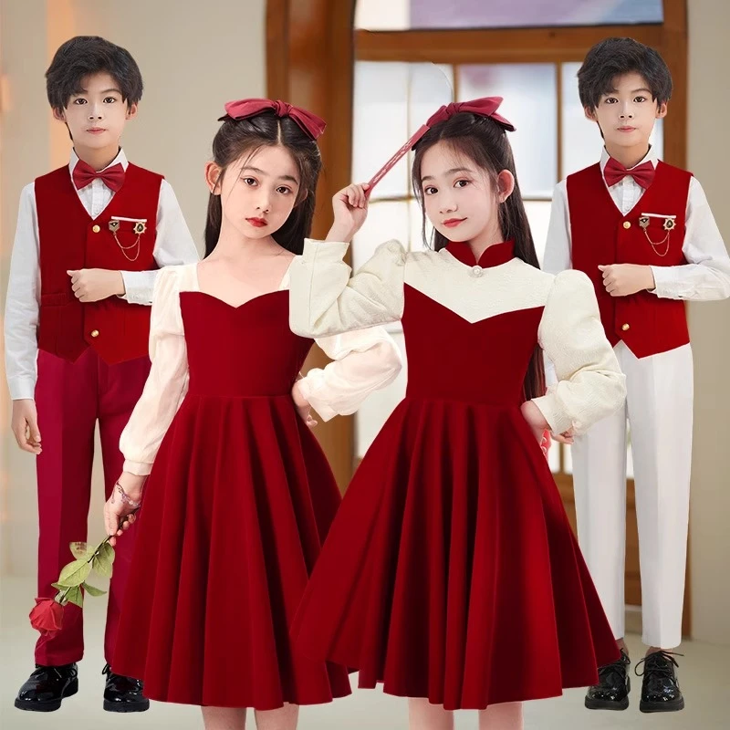儿童大合唱团演出服装6-12岁初中小学生红色爱国演讲比赛服装朗诵
