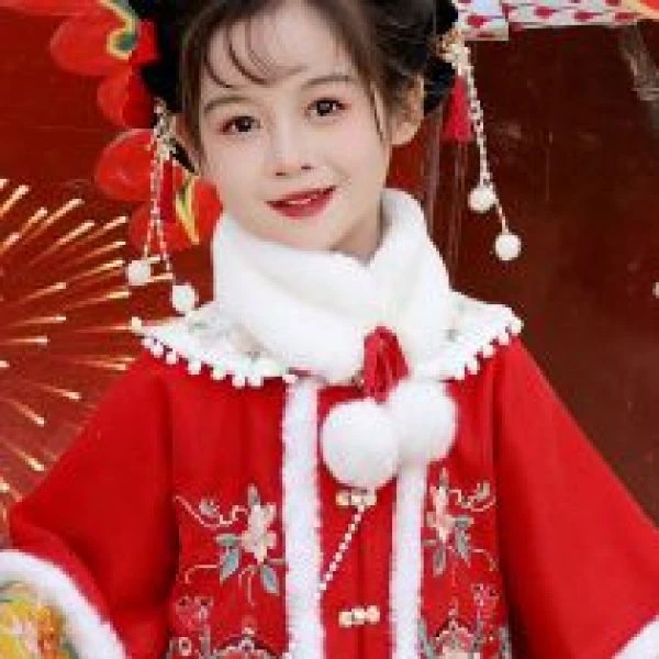 鹿宝宝古风加厚毛领围巾加绒保暖冬款拜年服儿童--中国风冬季女童