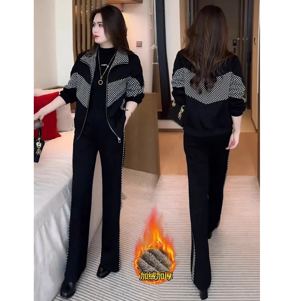 加绒时尚休闲套装女冬季洋气质显瘦加厚保暖短款外套阔腿裤两件套