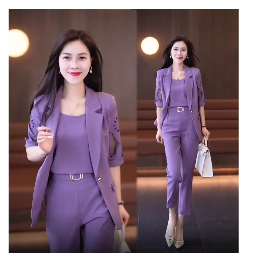薄款设计感镂空西装套装女夏季五分袖西服时尚修身显瘦职业三件套
