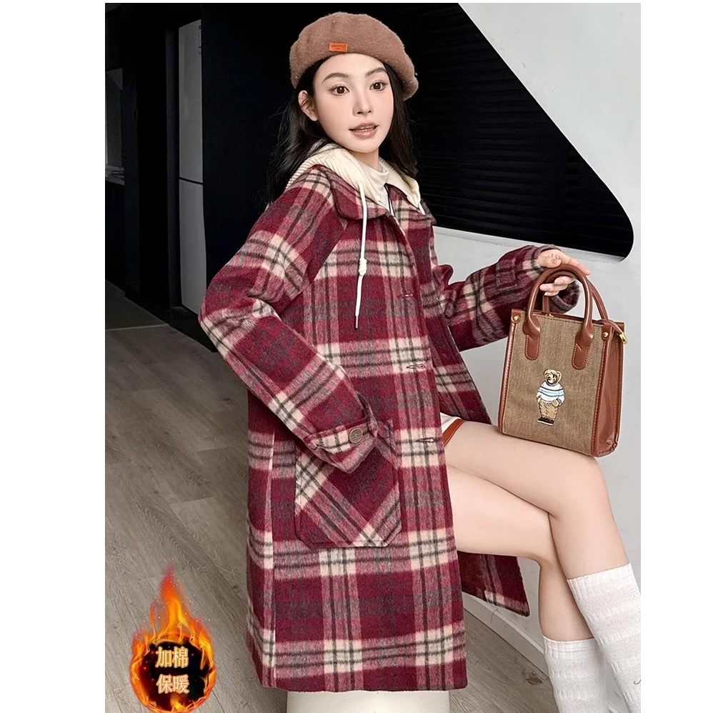 加棉中长款格子毛呢外套女2024年秋冬季新款韩版宽松连帽呢子大衣