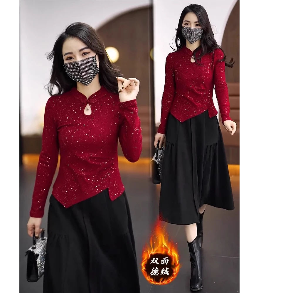 时尚新中式盘扣德绒打底衫女2024秋冬新款修身显瘦不规则内搭上衣