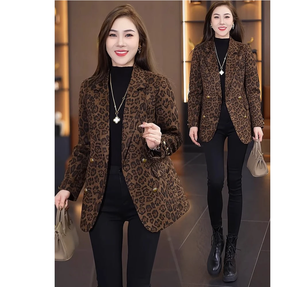 加棉加厚西装外套女2024秋季新款洋气显瘦小个子休闲豹纹西服上衣