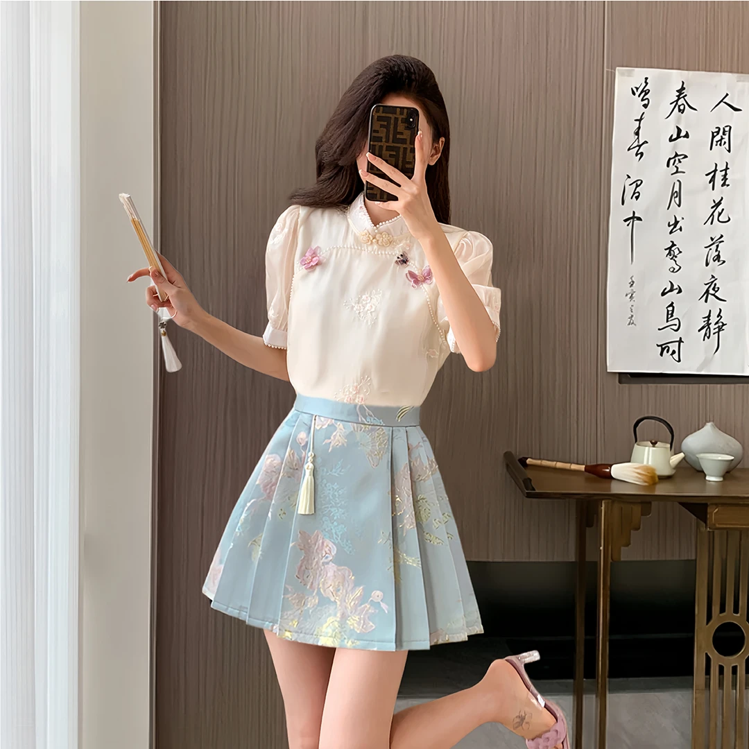 新中式马面裙套装女2024夏季新款国风重工刺绣衬衫+短裙两件套潮