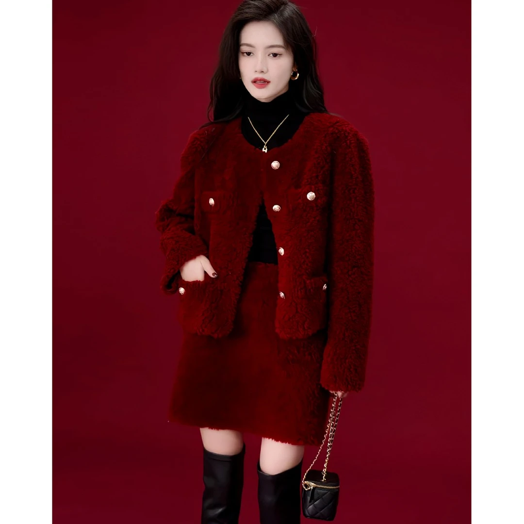 韩剧女主穿搭套装2023新款女装秋冬新年战袍红色小香风加厚两件套