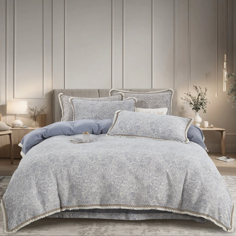 【知心-蓝】A类全棉色织三层纱四件套亲肤加厚流苏高奢柔软亲肤糯