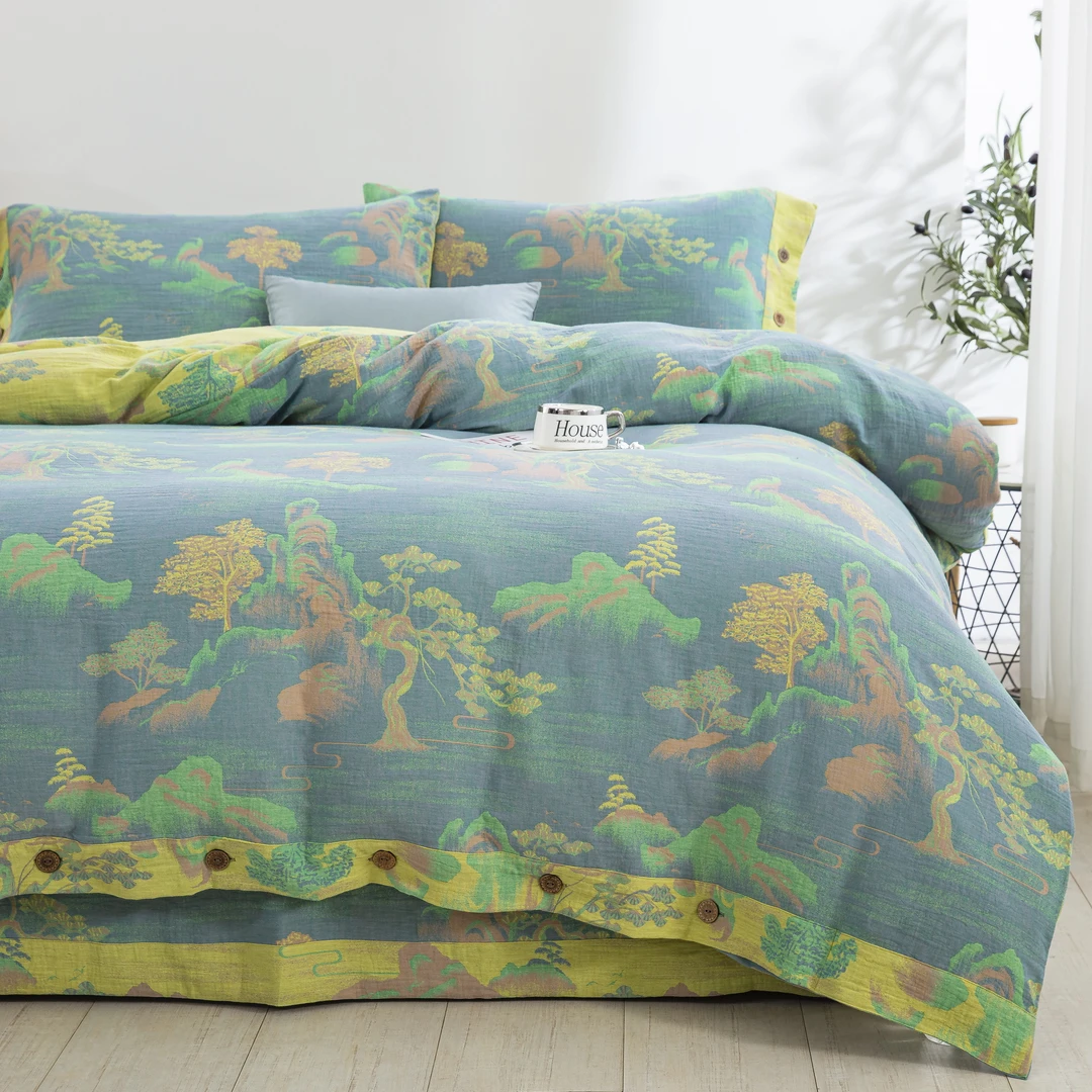 良品绘【水木清华-灰黄纽扣款】全棉色织A类四件套床单床上用品