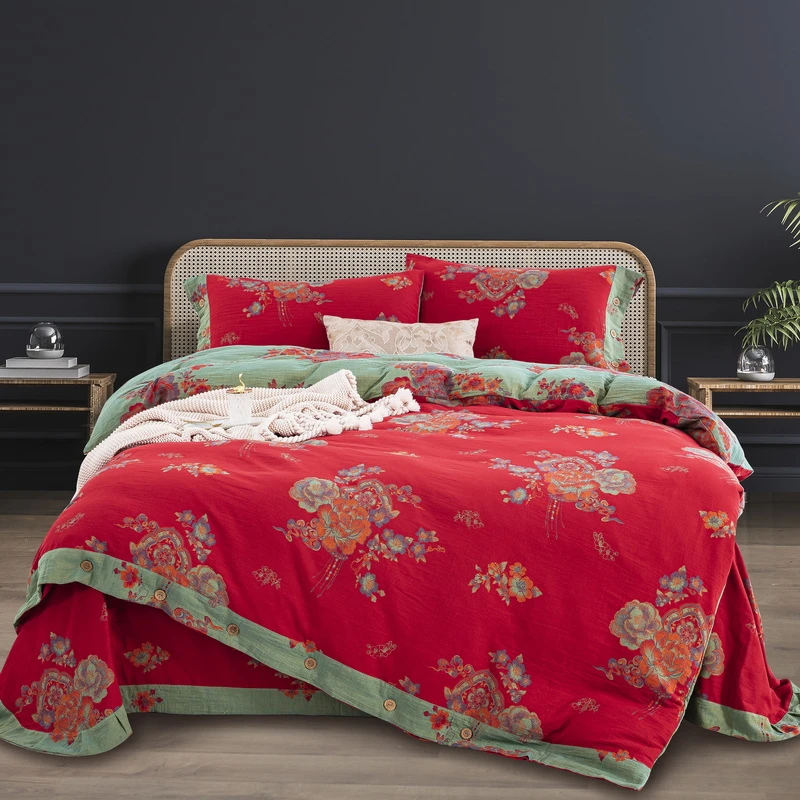 【锦绣芳华-红】全棉双层纱色织A类柔软舒适双面亲肤AA版四件套柔软