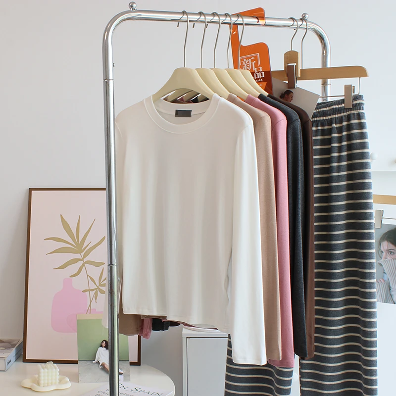 柔软百搭~圆领莫代尔打底衫上衣女2023新修身显瘦内搭纯色长袖t恤