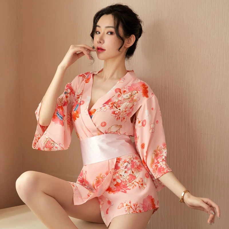 新款情裙内衣情调内衣复古印花和服镂空衣袖性感束腰激情居家睡裙