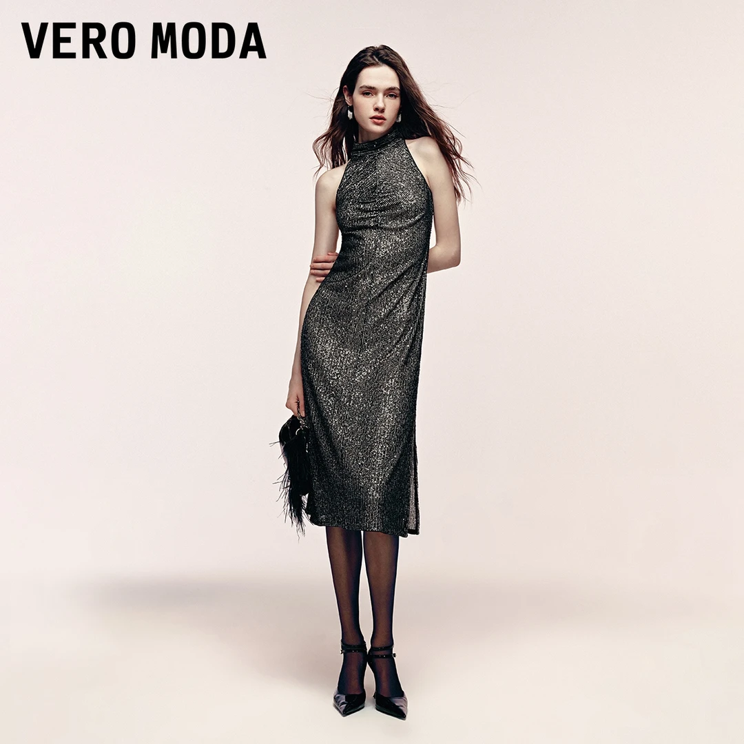 Vero Moda连衣裙女24新款挂脖内衬网纱亮片性感324361042