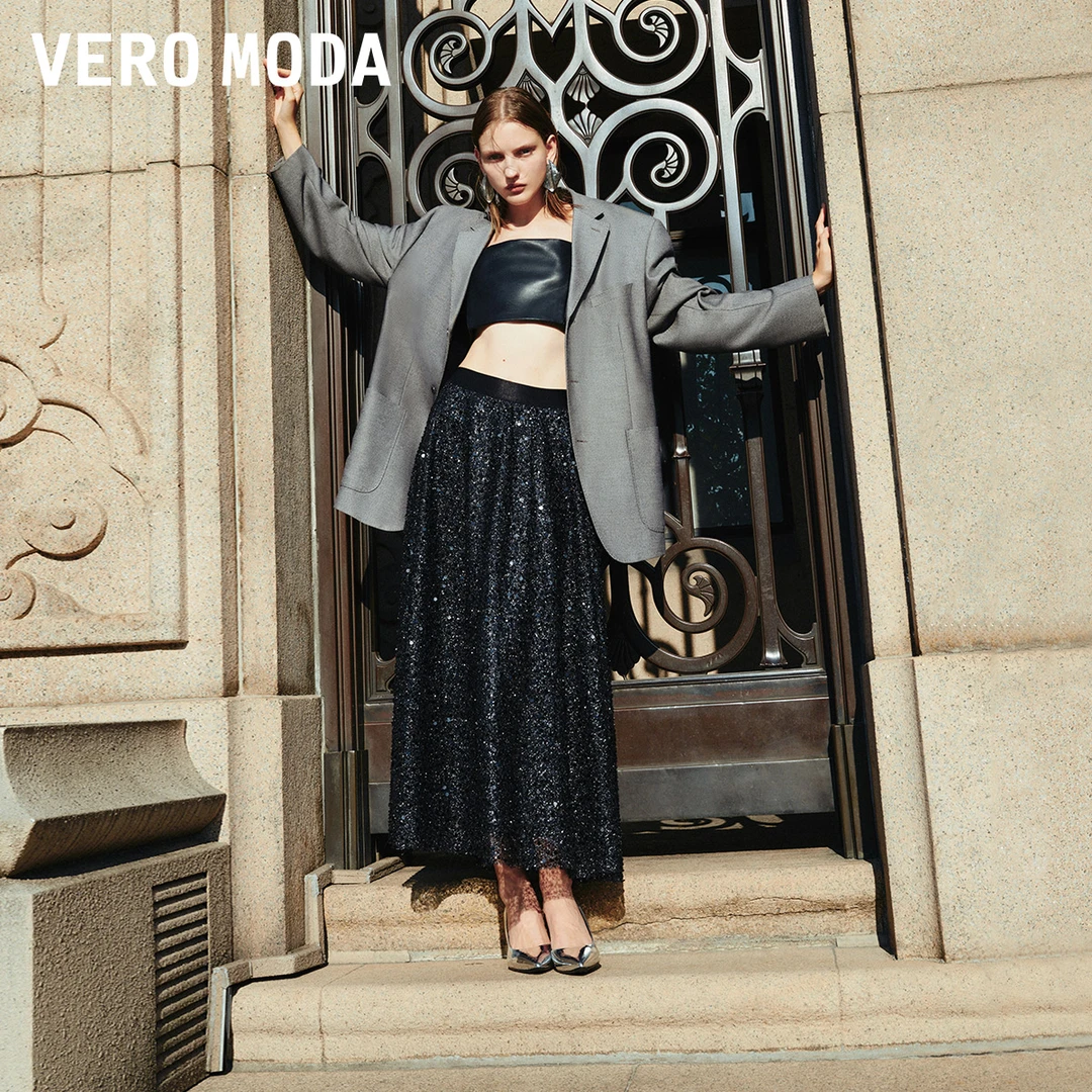 Vero Moda半身裙女小香风亮片装饰松紧半身裙女老钱风32441G001