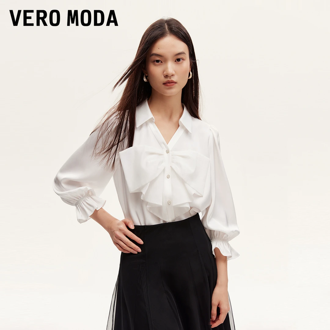 Vero Moda衬衫女2025新款木耳边七分袖蝴蝶结甜美324331038