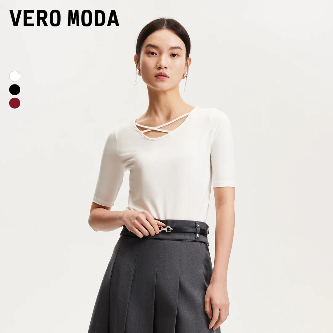 Vero ModaT恤女早春新款不规则设计交叉绑带领修身百搭3251T1001