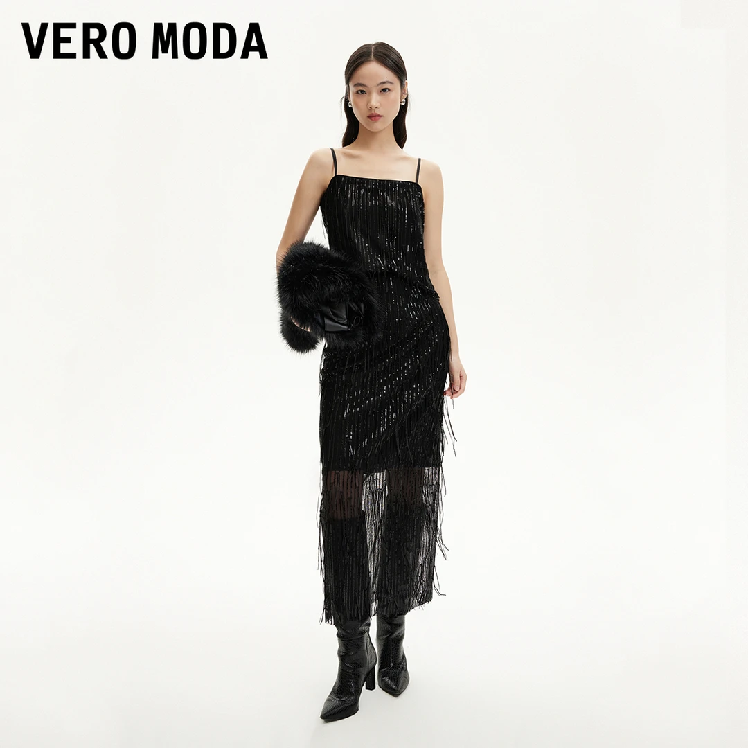 Vero Moda新款半身裙女亮片流苏开叉网纱直筒百搭高级感324316034