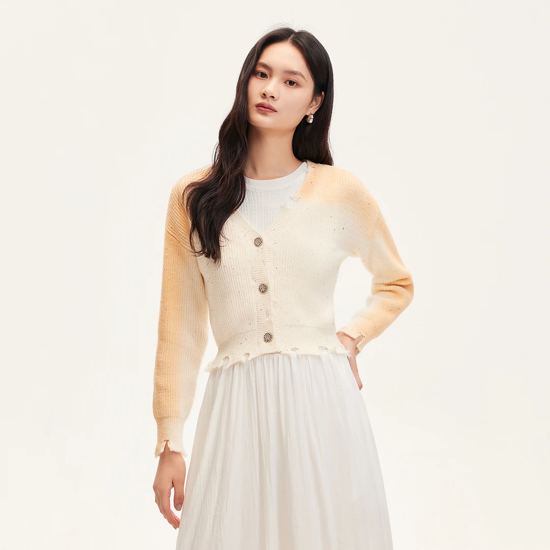 Vero Moda欧若风针织衫女早秋v领渐变亮片磨破短款324413050