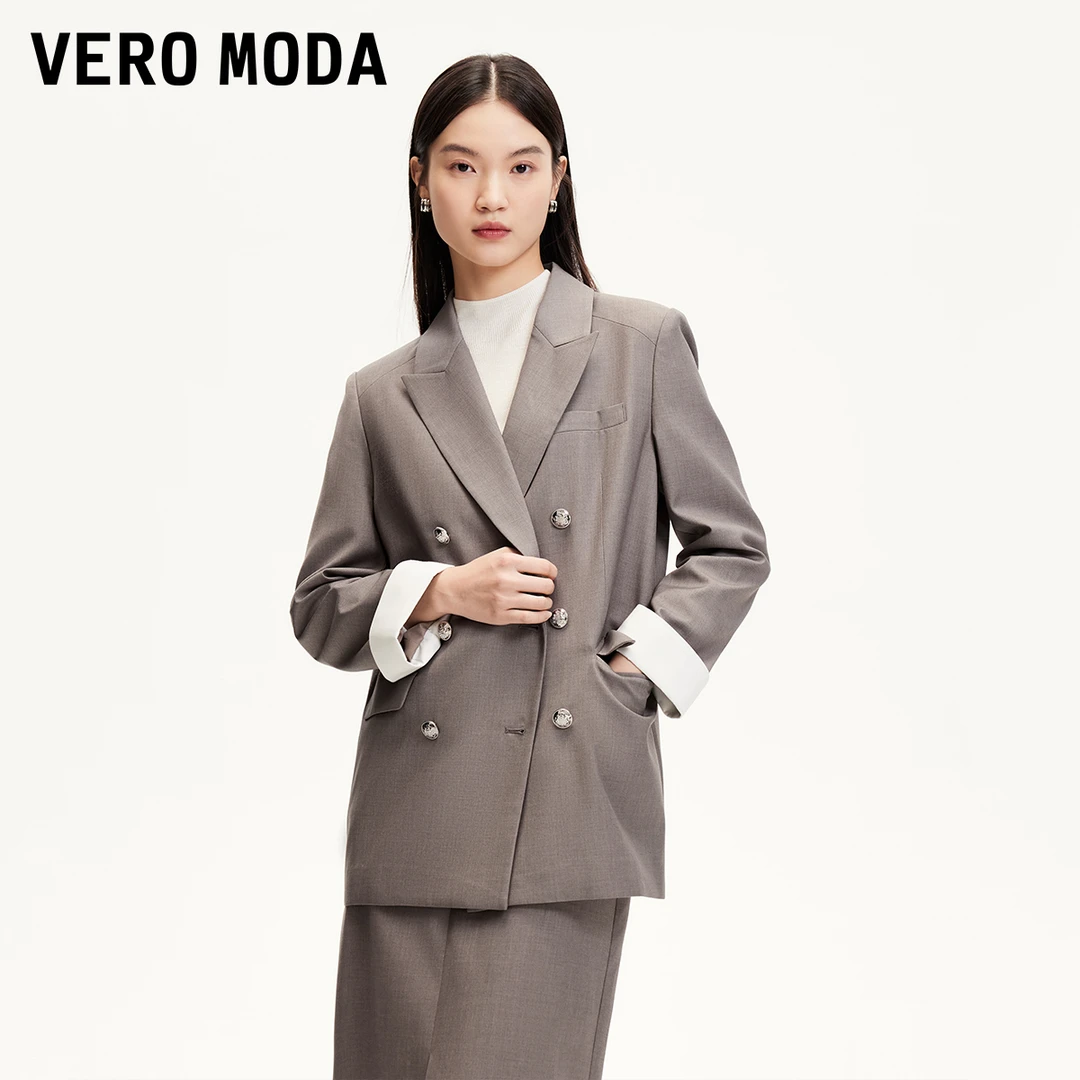 Vero Moda西服新款撞色袖口双排扣薄垫肩西装百搭高级感325108008