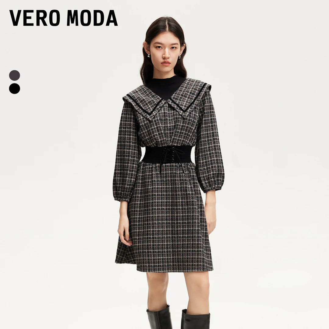 Vero Moda连衣裙小众洋气女装格纹腰封系带假两件中裙325161004