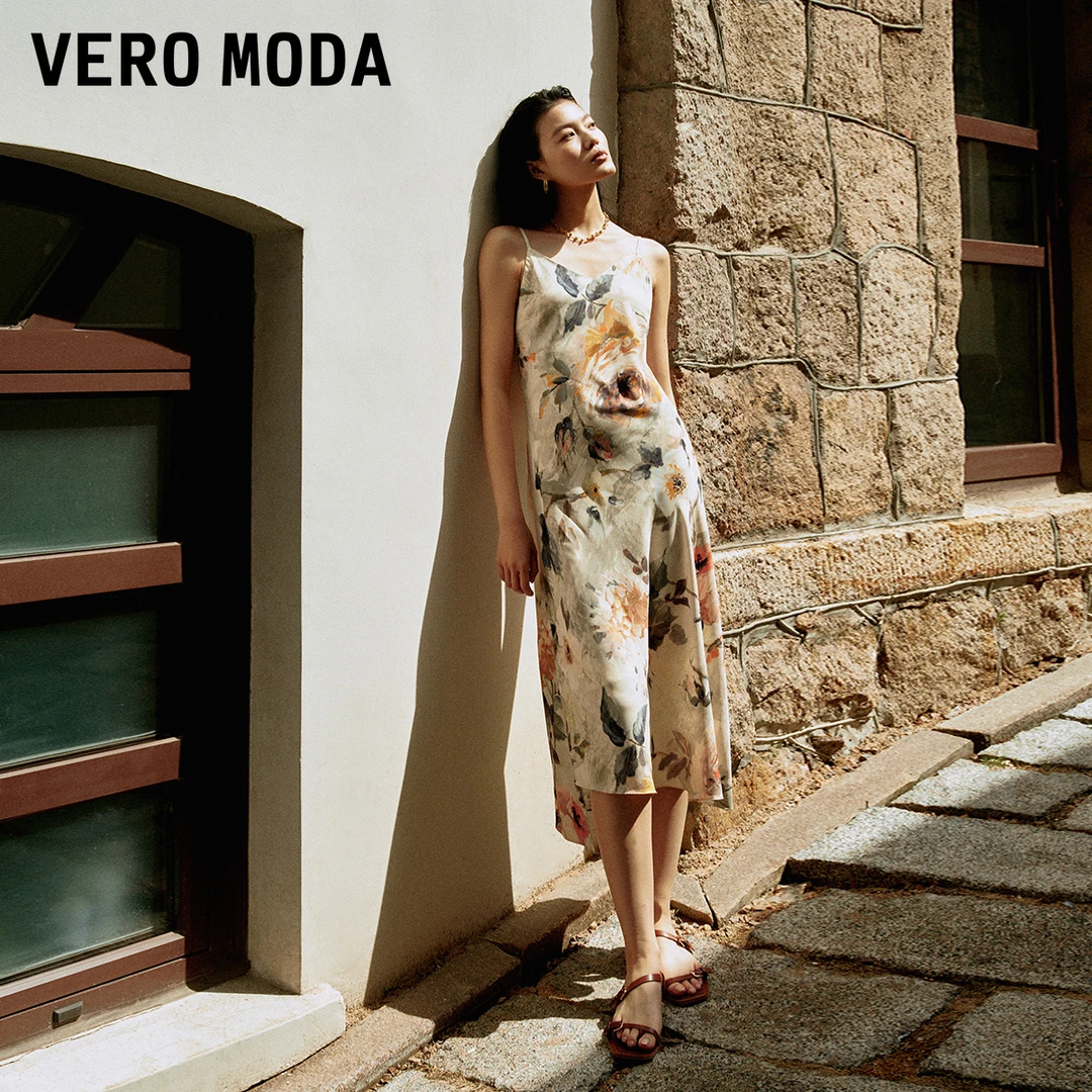Vero Moda春游出行设计感连衣裙优雅水墨画印花吊带裙32427A048
