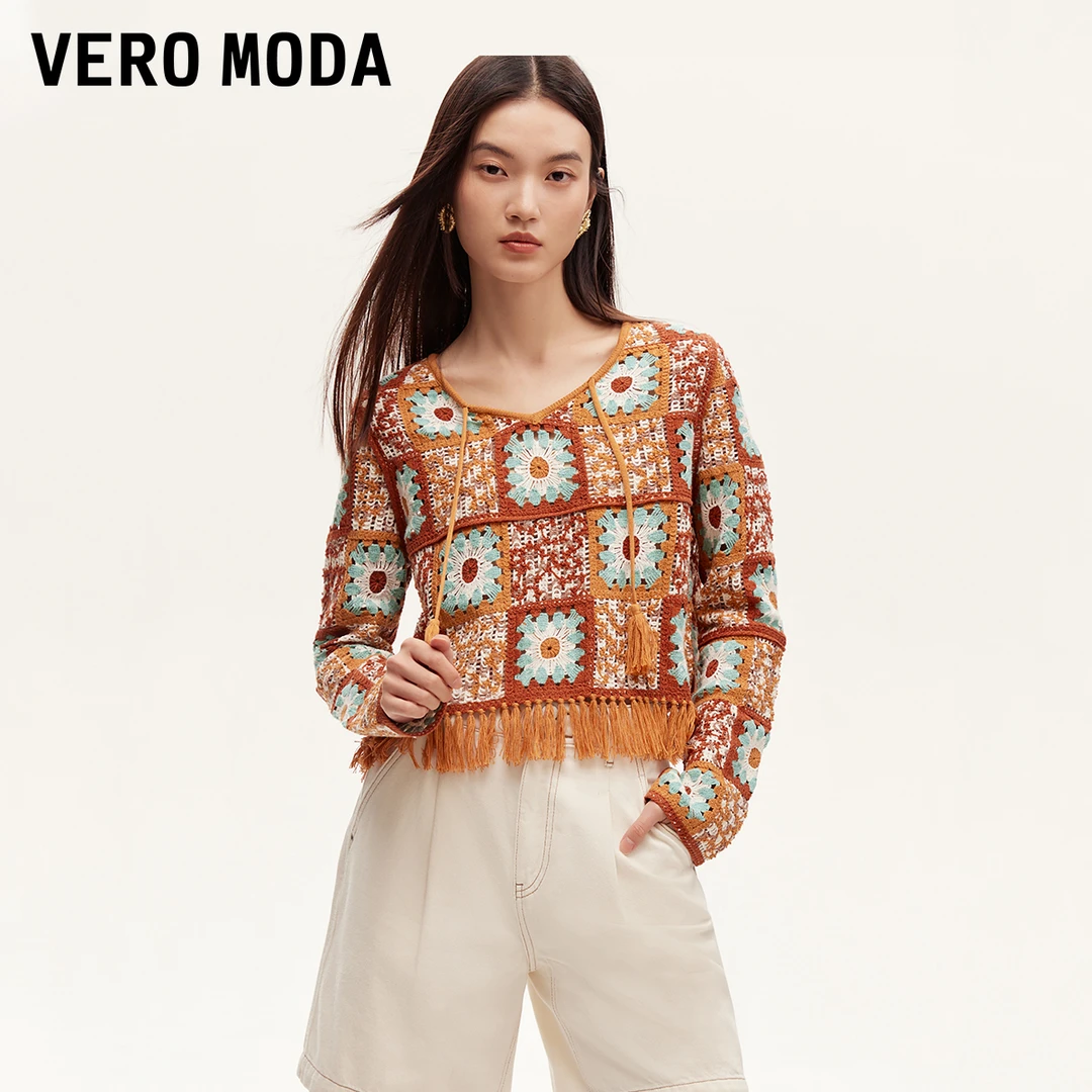 Vero Moda雅丹风2024针织衫女镂空V领流苏民族324324028