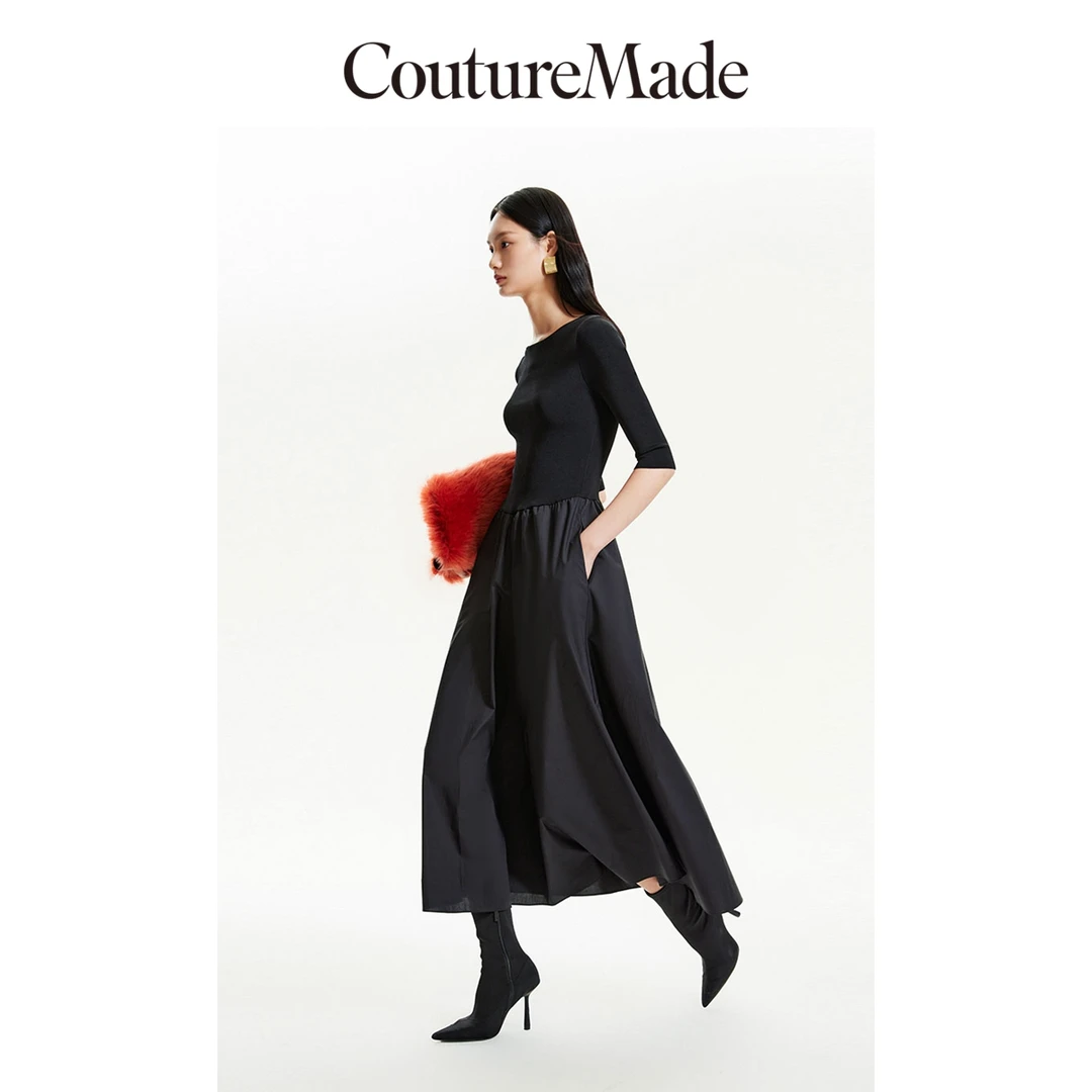CoutureMade连衣裙女新款圆领收腰七分袖拼接百搭高级感32437C020