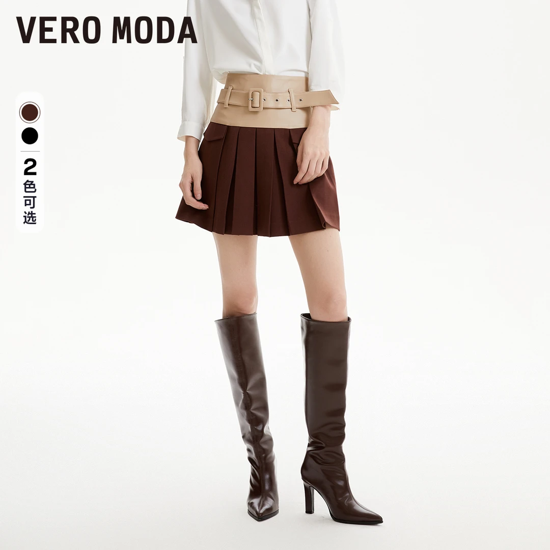 Vero Moda雅丹风2024辣妹风半裙pu百褶短裙女气质323416015