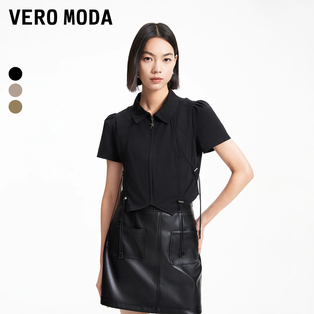 Vero Moda欧若风雅丹风T恤女金属装饰抽绳翻领短袖百搭324301019