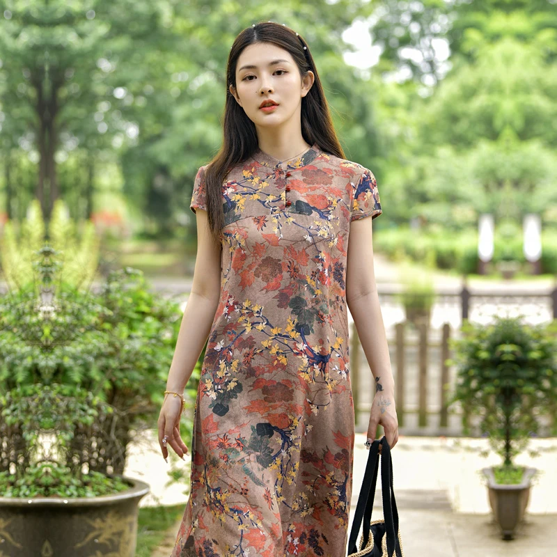 棉绸时尚中长款连衣裙女夏2022新款人造棉短袖修身复古旗袍显瘦裙