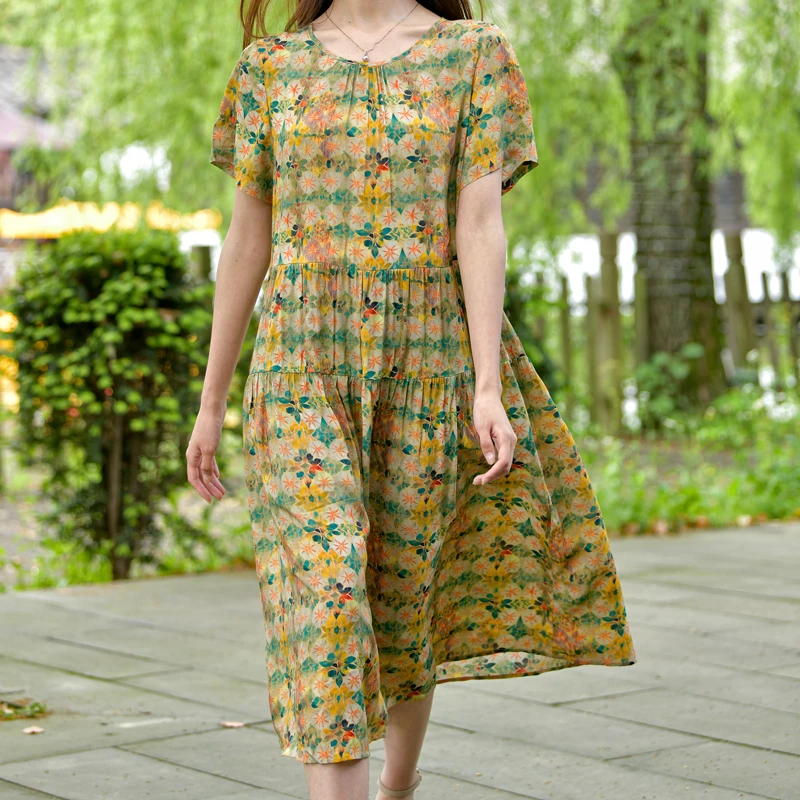 棉绸连衣裙女夏季2025新款时尚宽松大码中长款旅游外穿碎花长裙子