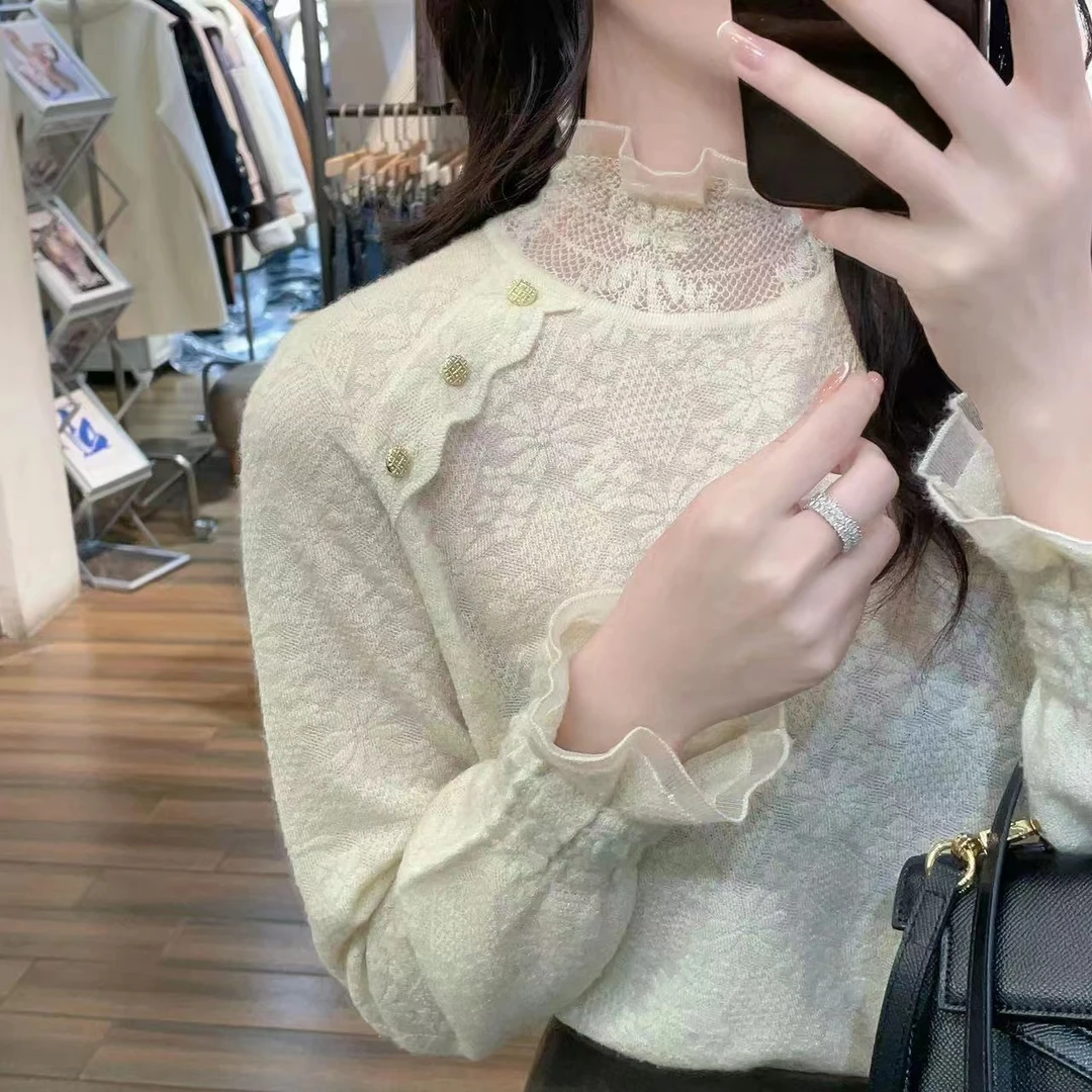 百搭时尚气质荷叶领纯色蕾丝钩花套头长袖针织衫打底衫